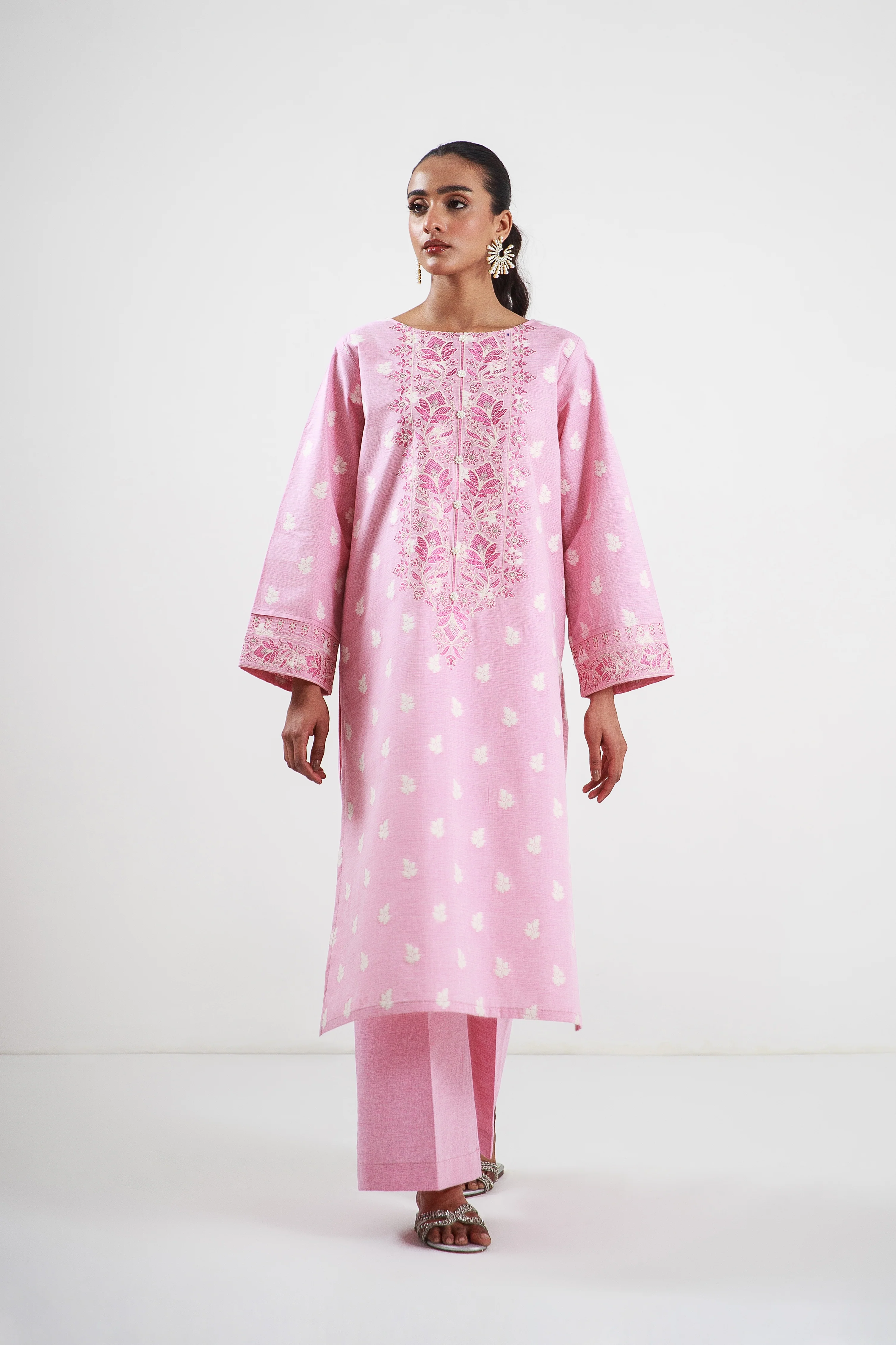 2 PIECE EMBROIDERED TWO TONE JACQUARD SUIT-ROSY PINK (UNSTITCHED) - Image 5