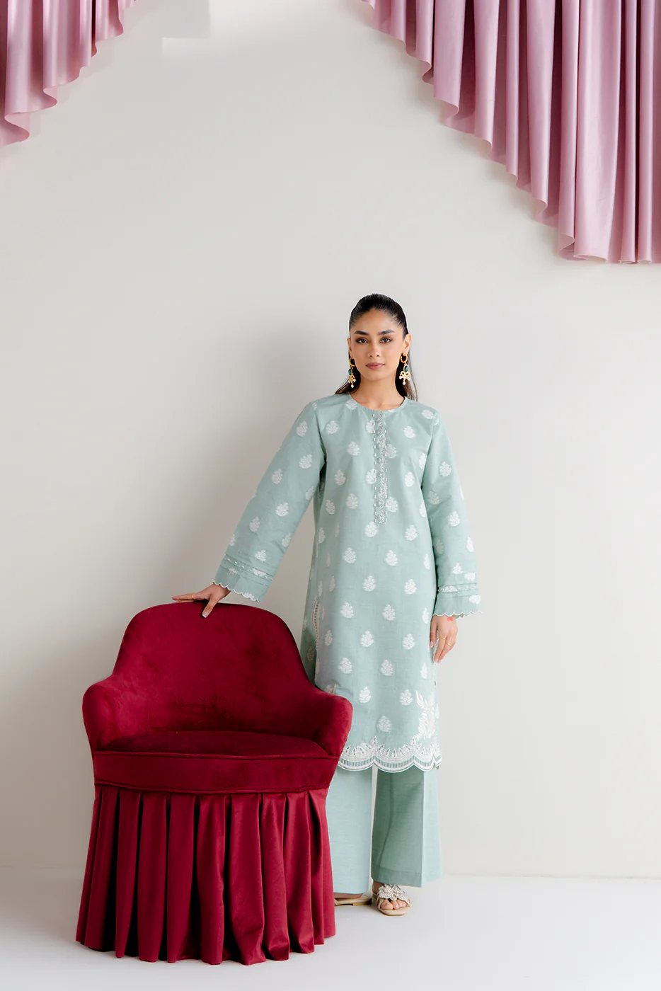 2 PIECE EMBROIDERED TWO TONE JACQUARD SUIT-MISTY MINT (UNSTITCHED) - Image 7