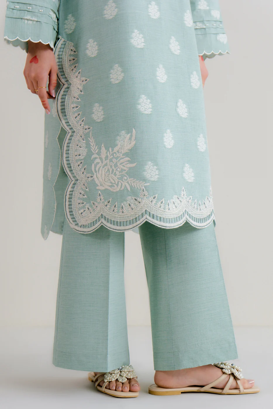 2 PIECE EMBROIDERED TWO TONE JACQUARD SUIT-MISTY MINT (UNSTITCHED) - Image 8