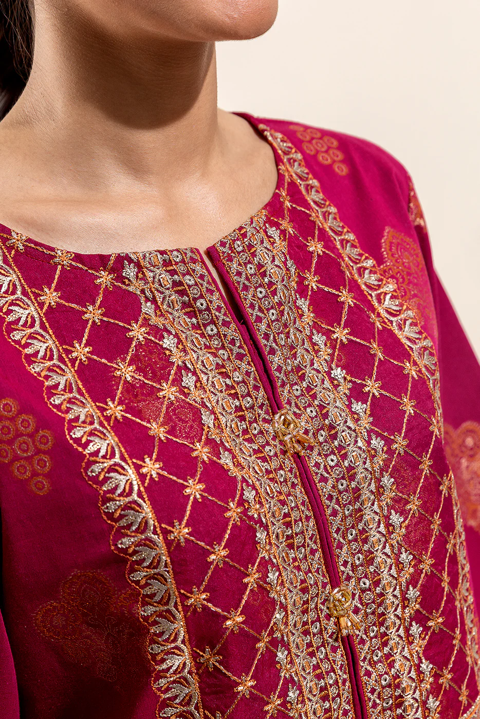 3 PIECE EMBROIDERED JACQUARD SUIT-FUSCHIA GLOOM (UNSTITCHED) - Image 5