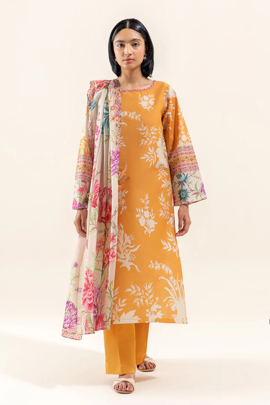 3 PIECE PRINTED LAWN SUIT-TUSCAN GOLD (UNSTITCHED) - Image 3