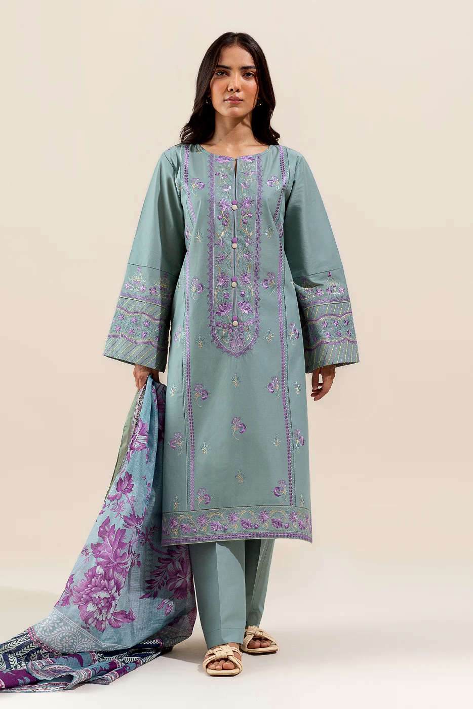 2 PIECE EMBROIDERED LAWN SUIT-MINT GLOW (UNSTITCHED) - Image 3