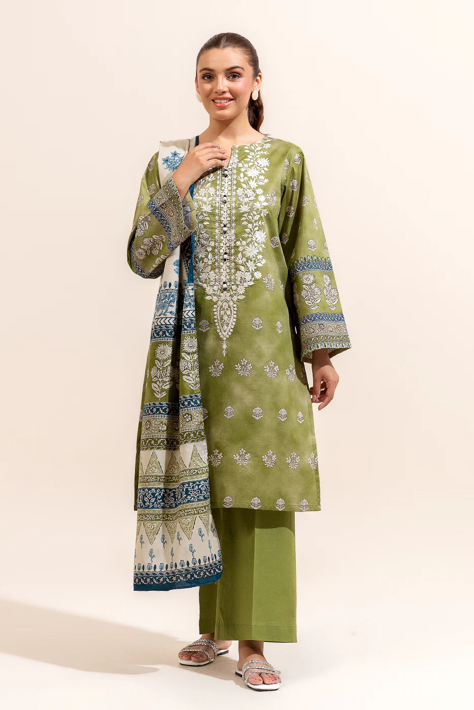 3 PIECE EMBROIDERED LAWN SUIT-OLIVE VERDEL (UNSTITCHED) - Image 2