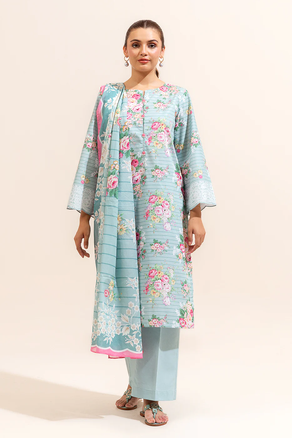 3 PIECE PRINTED LAWN SUIT-CYAN FLORA (UNSTITCHED) - Image 2