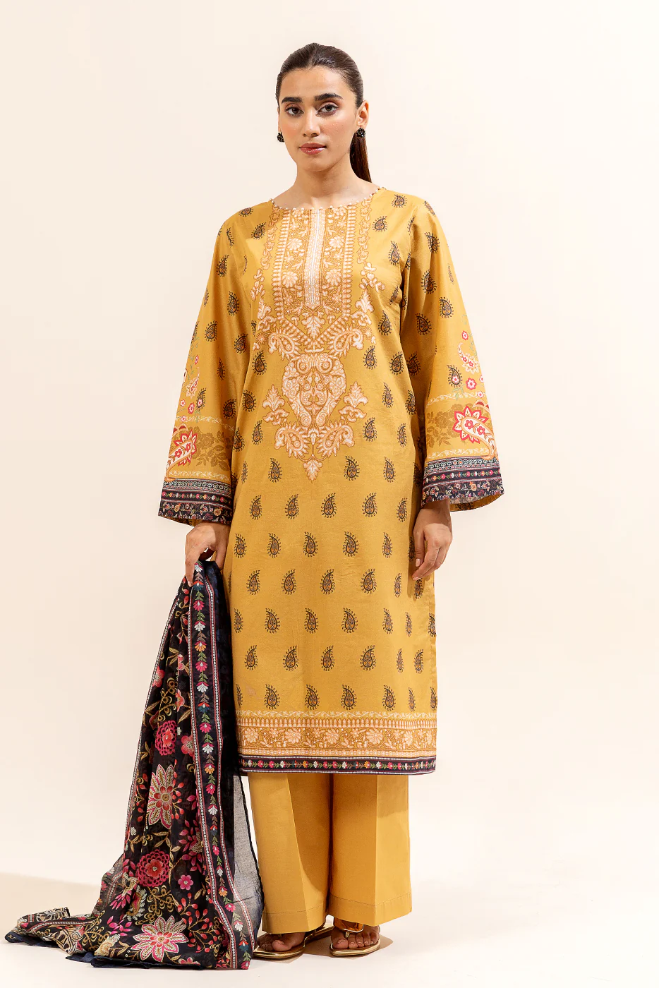 3 PIECE PRINTED LAWN SUIT-MUSTARD FOIL (UNSTITCHED) - Image 5