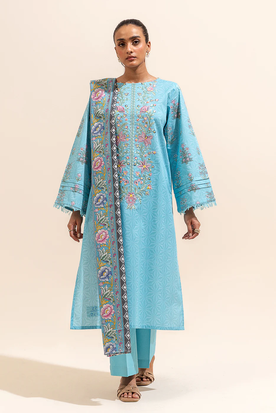 3 PIECE EMBROIDERED LAWN SUIT-CYAN WHISPER (UNSTITCHED) - Image 5