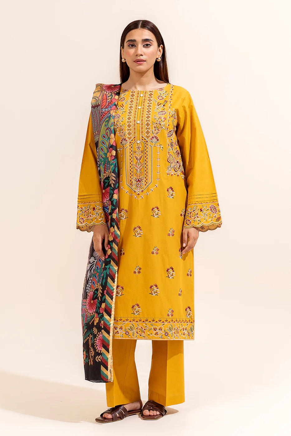 3 PIECE EMBROIDERED LAWN SUIT-VERDANT YELLOW (UNSTITCHED) - Image 5
