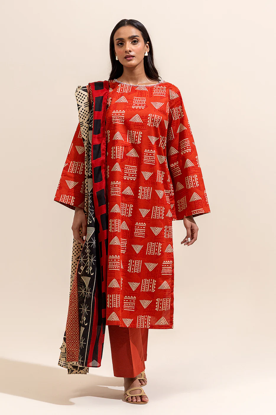 3 PIECE PRINTED LAWN SUIT-SCARLET GRID ( UNSTITCHED) - Image 2