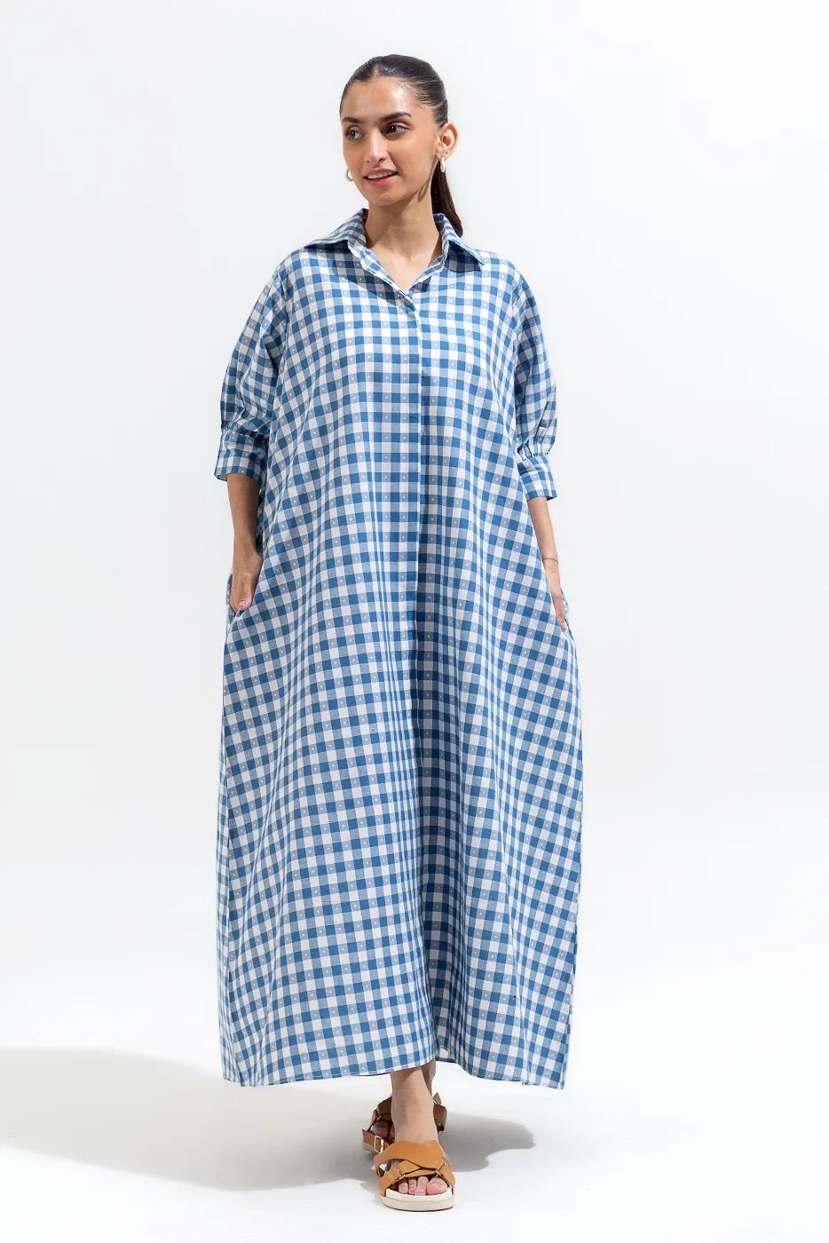 BLUE GINGHAM LONG A-LIGH DRESS - Image 3