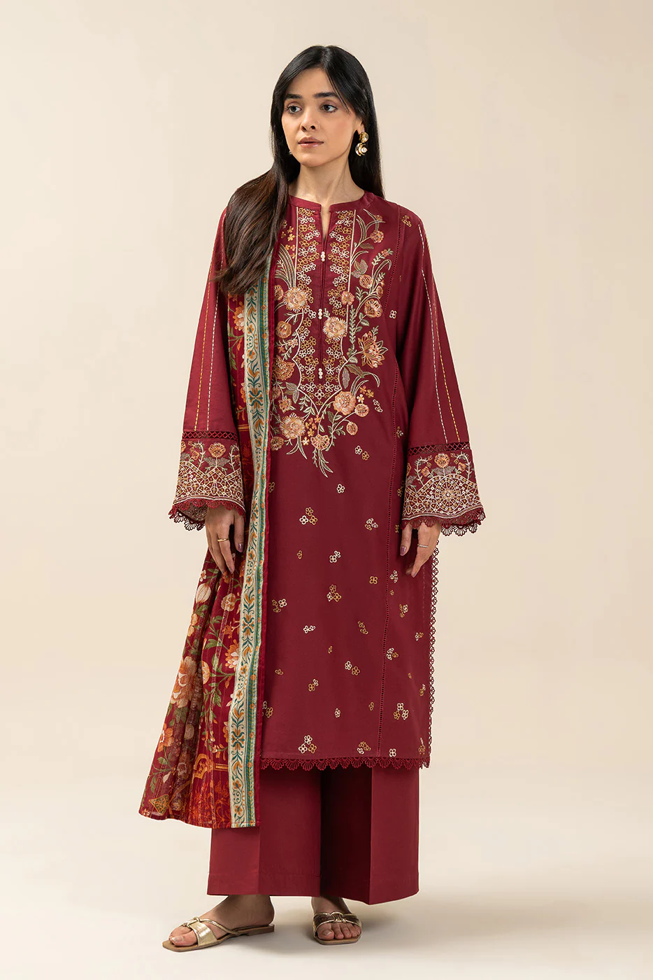 3 PIECE EMBROIDERED LAWN SUIT-MALEFICENT MAROON (UNSTITCHED) - Image 4
