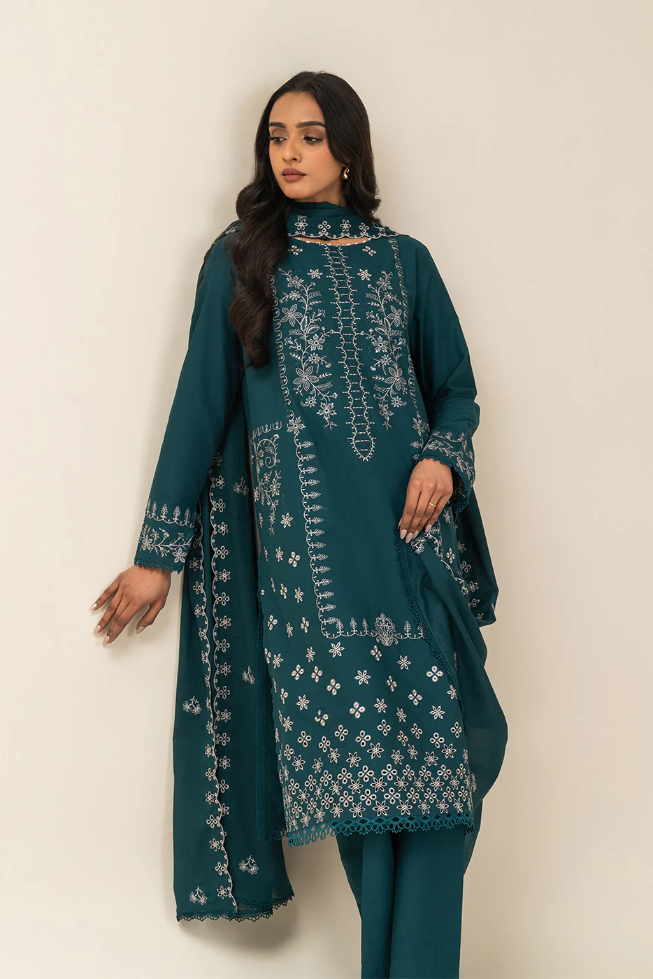 3 PIECE EMBROIDERED LAWN SUIT-STARDUST TEAL (UNSTITCHED) - Image 3