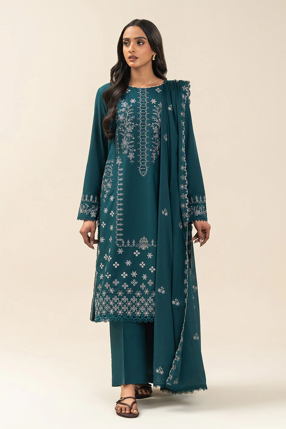 3 PIECE EMBROIDERED LAWN SUIT-STARDUST TEAL (UNSTITCHED) - Image 4