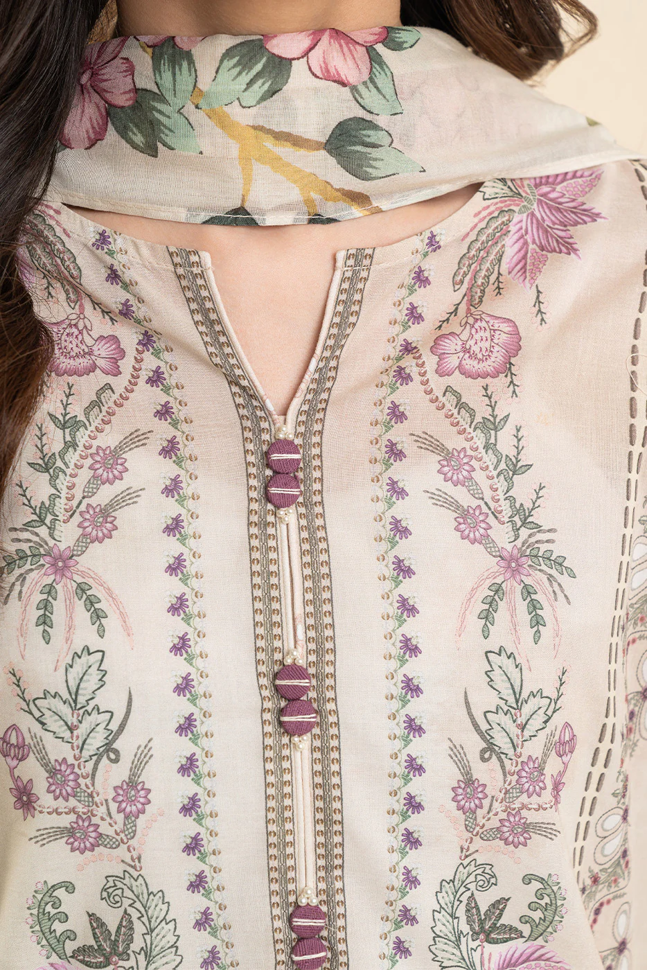 3 PIECE PRINTED LAWN SUIT-IVORY WHISPER (UNSTITCHED) - Image 5