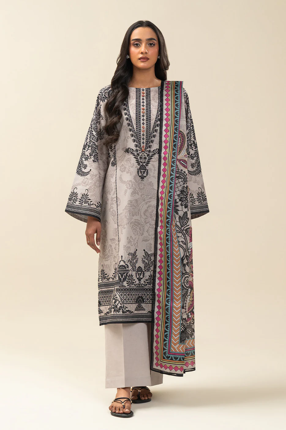 3 PIECE PRINTED LAWN SUIT-DAMASK DECOR (UNSTITCHED) - Image 2
