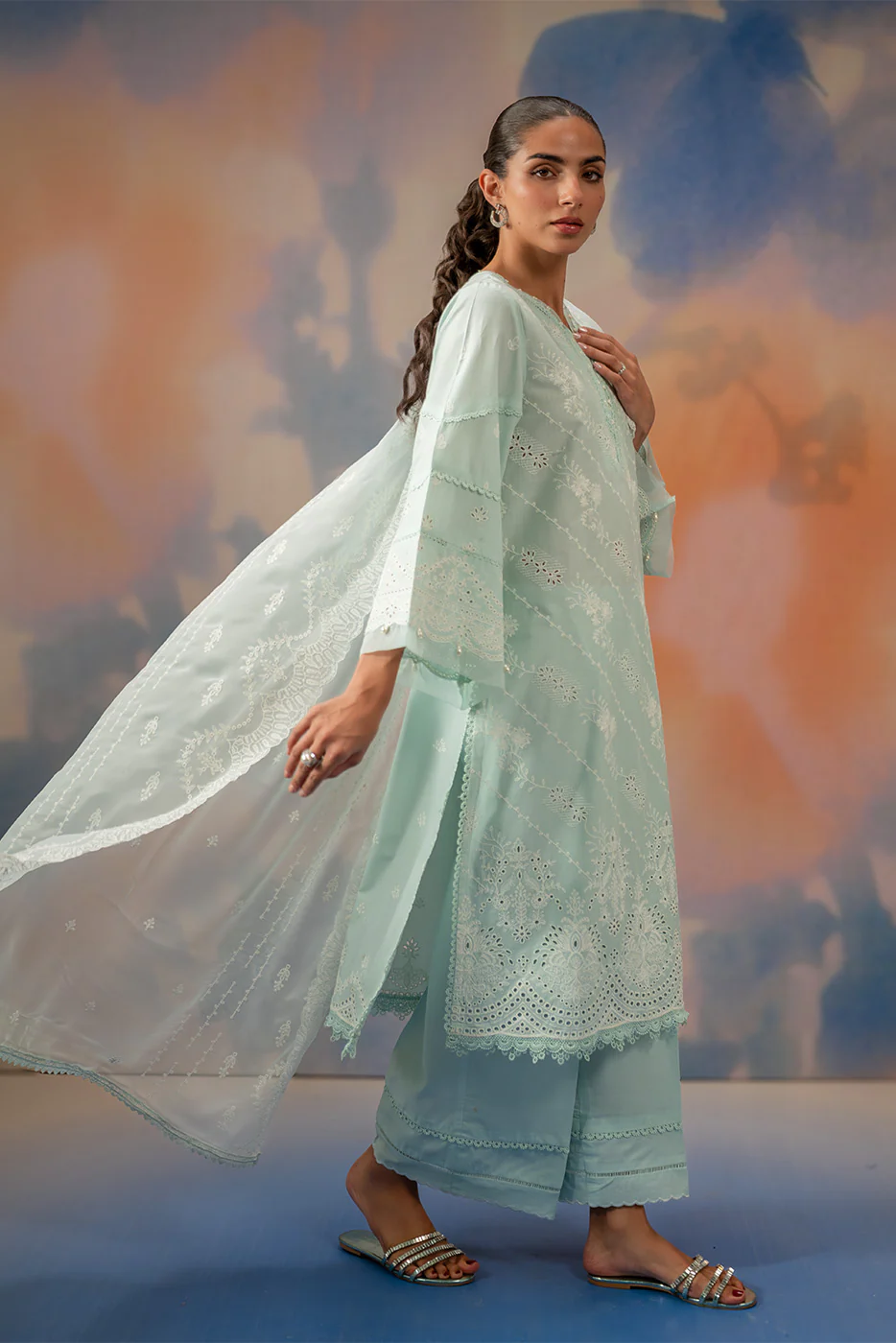3 PIECE EMBROIDERED CHIKANKARI SUIT WITH BAMBER DUPATTA-AZURE MIST (UNSTITCHED) - Image 5