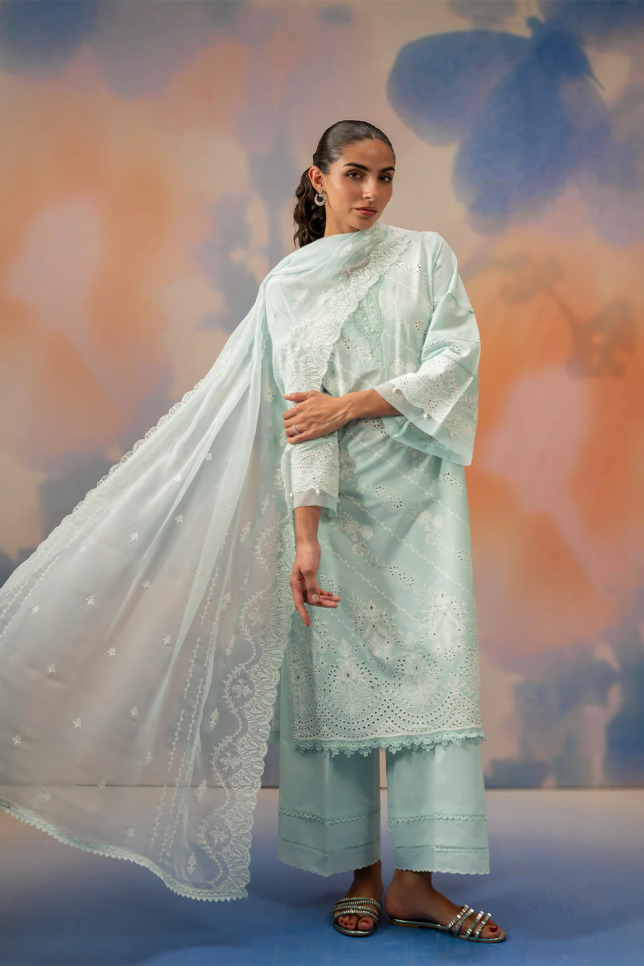 3 PIECE EMBROIDERED CHIKANKARI SUIT WITH BAMBER DUPATTA-AZURE MIST (UNSTITCHED) - Image 7