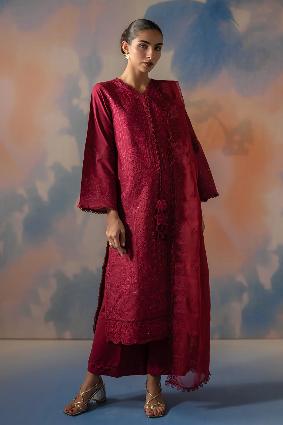 3 PIECE EMBROIDERED CHIKANKARI SUIT WITH BAMBER DUPATTA-CRIMSON CORE (UNSTITCHED) - Image 2
