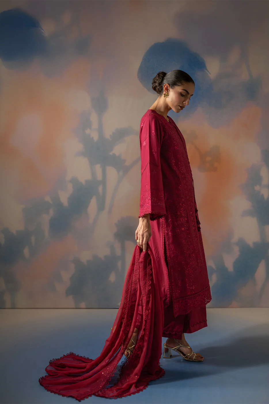 3 PIECE EMBROIDERED CHIKANKARI SUIT WITH BAMBER DUPATTA-CRIMSON CORE (UNSTITCHED) - Image 4