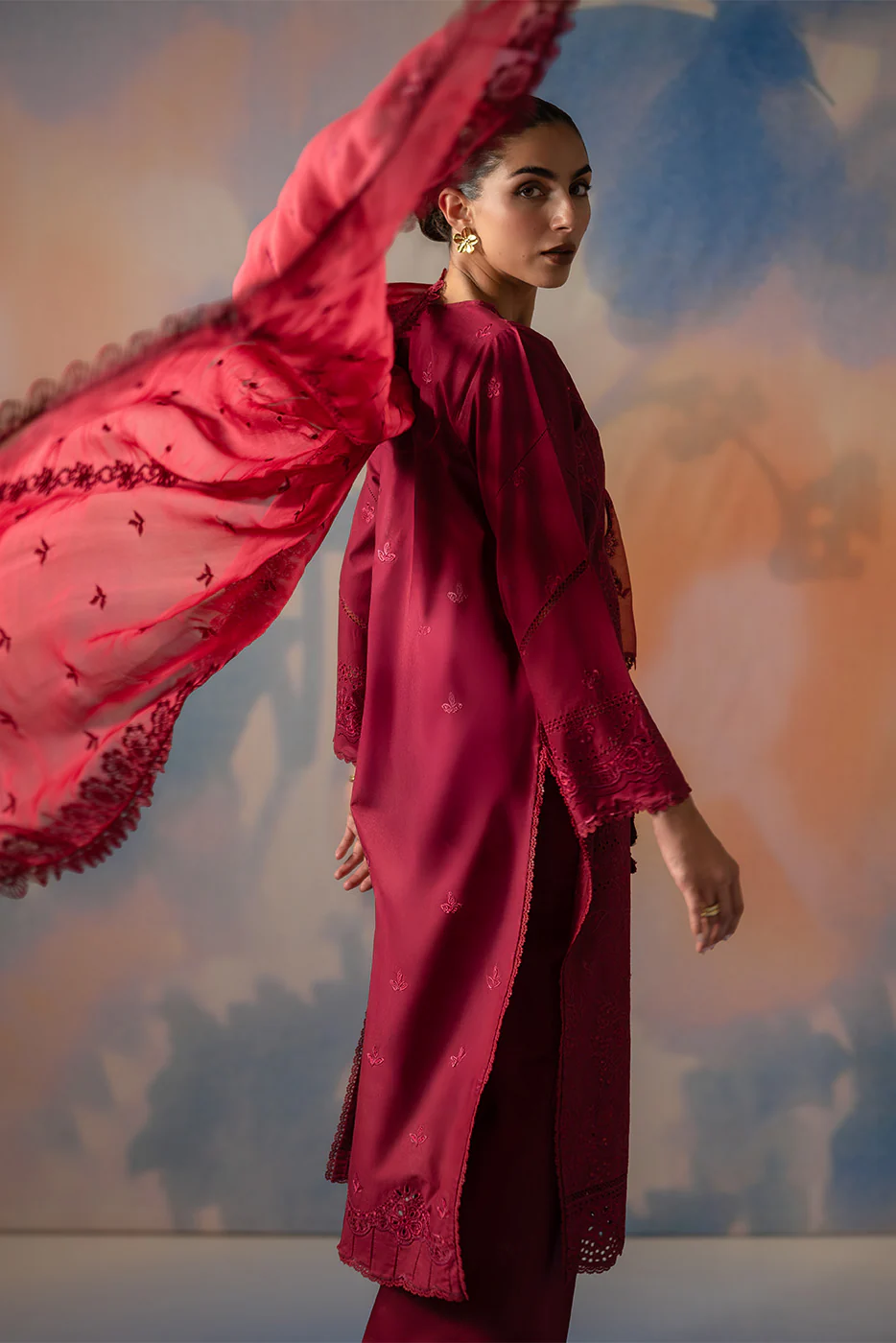 3 PIECE EMBROIDERED CHIKANKARI SUIT WITH BAMBER DUPATTA-CRIMSON CORE (UNSTITCHED) - Image 7