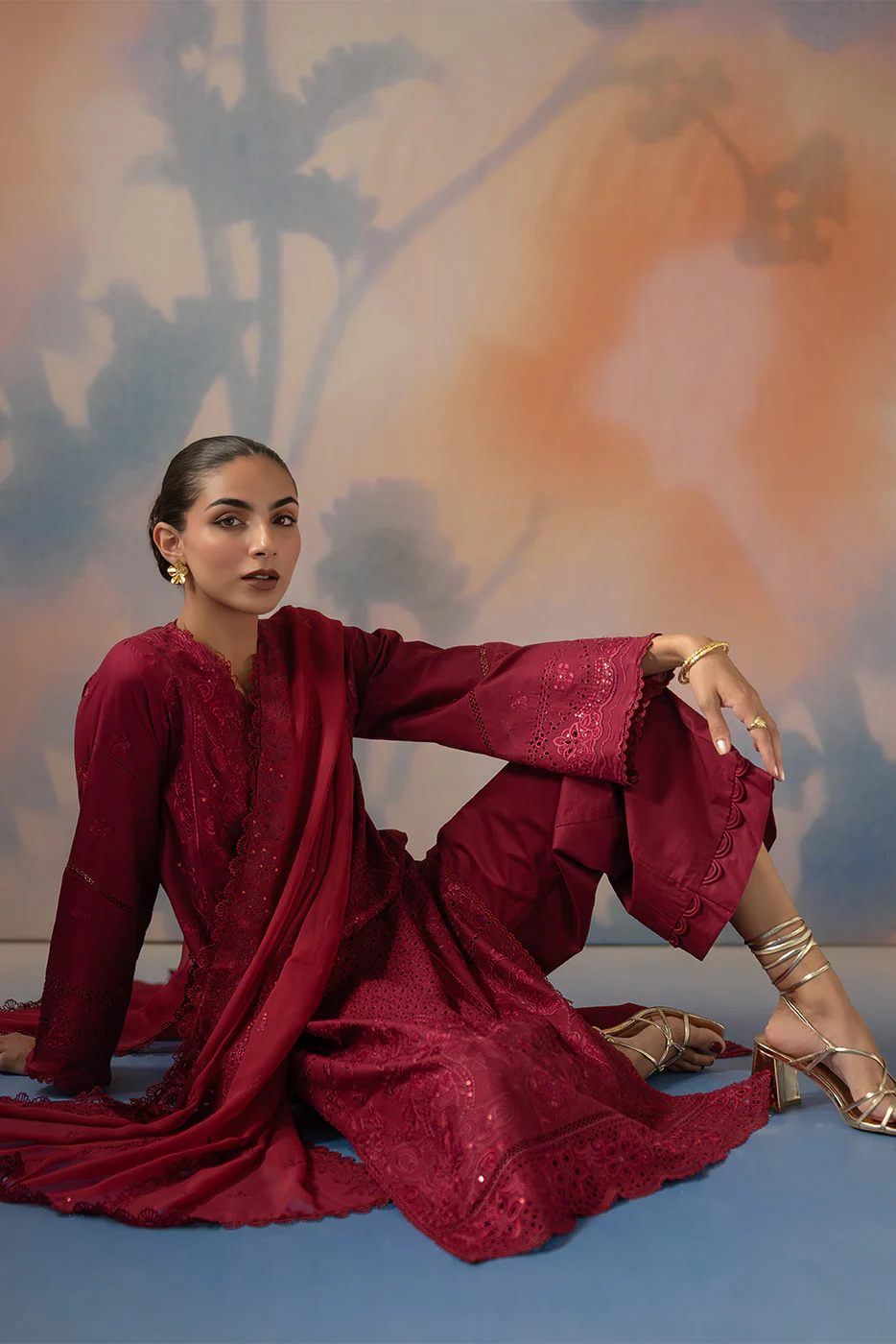 3 PIECE EMBROIDERED CHIKANKARI SUIT WITH BAMBER DUPATTA-CRIMSON CORE (UNSTITCHED) - Image 9