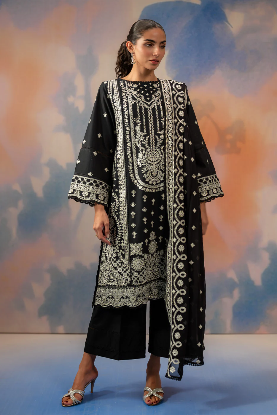 3 PIECE EMBROIDERED CHIKANKARI SUIT WITH BAMBER DUPATTA-NOIR STARLIT (UNSTITCHED) - Image 2