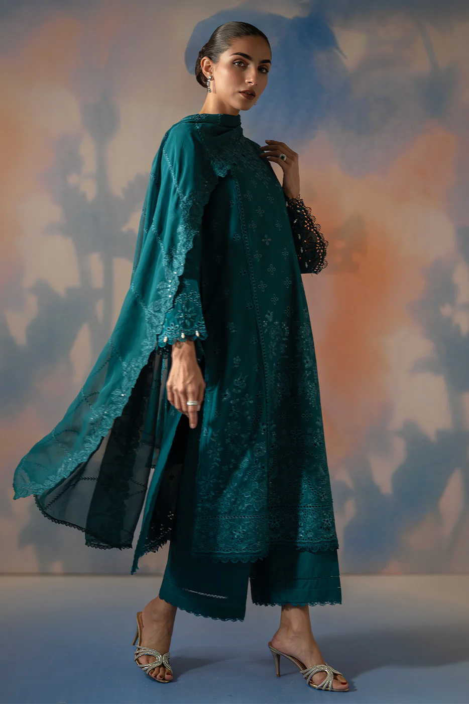 3 PIECE EMBROIDERED CHIKANKARI SUIT WITH BAMBER DUPATTA-TEAL OPULENCE (UNSTITCHED) - Image 2