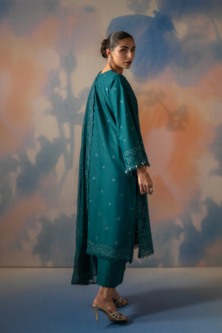 3 PIECE EMBROIDERED CHIKANKARI SUIT WITH BAMBER DUPATTA-TEAL OPULENCE (UNSTITCHED) - Image 4