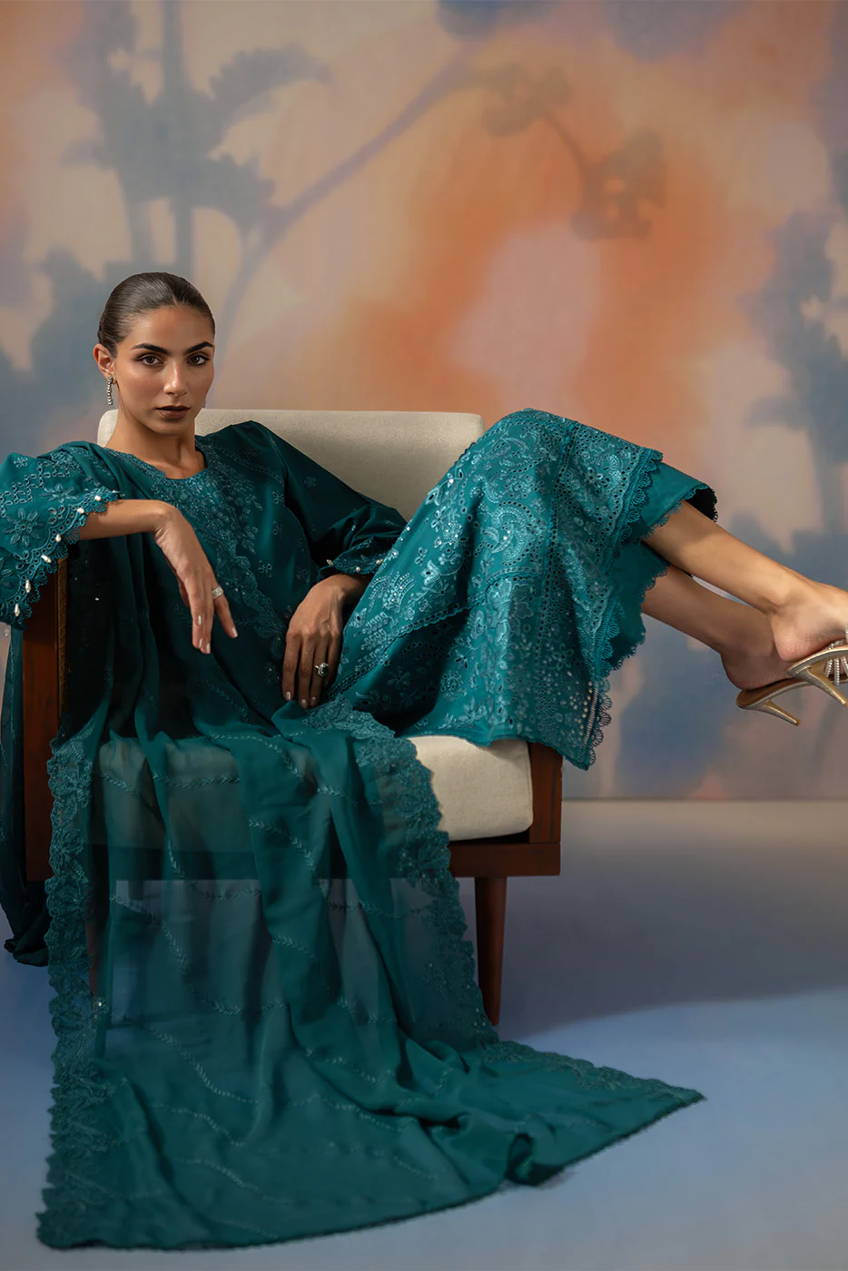 3 PIECE EMBROIDERED CHIKANKARI SUIT WITH BAMBER DUPATTA-TEAL OPULENCE (UNSTITCHED) - Image 8