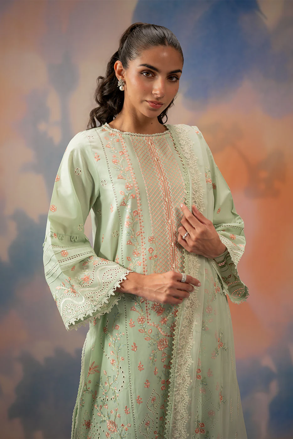 3 PIECE EMBROIDERED CHIKANKARI SUIT WITH BAMBER DUPATTA-MINT HALO (UNSTITCHED) - Image 9