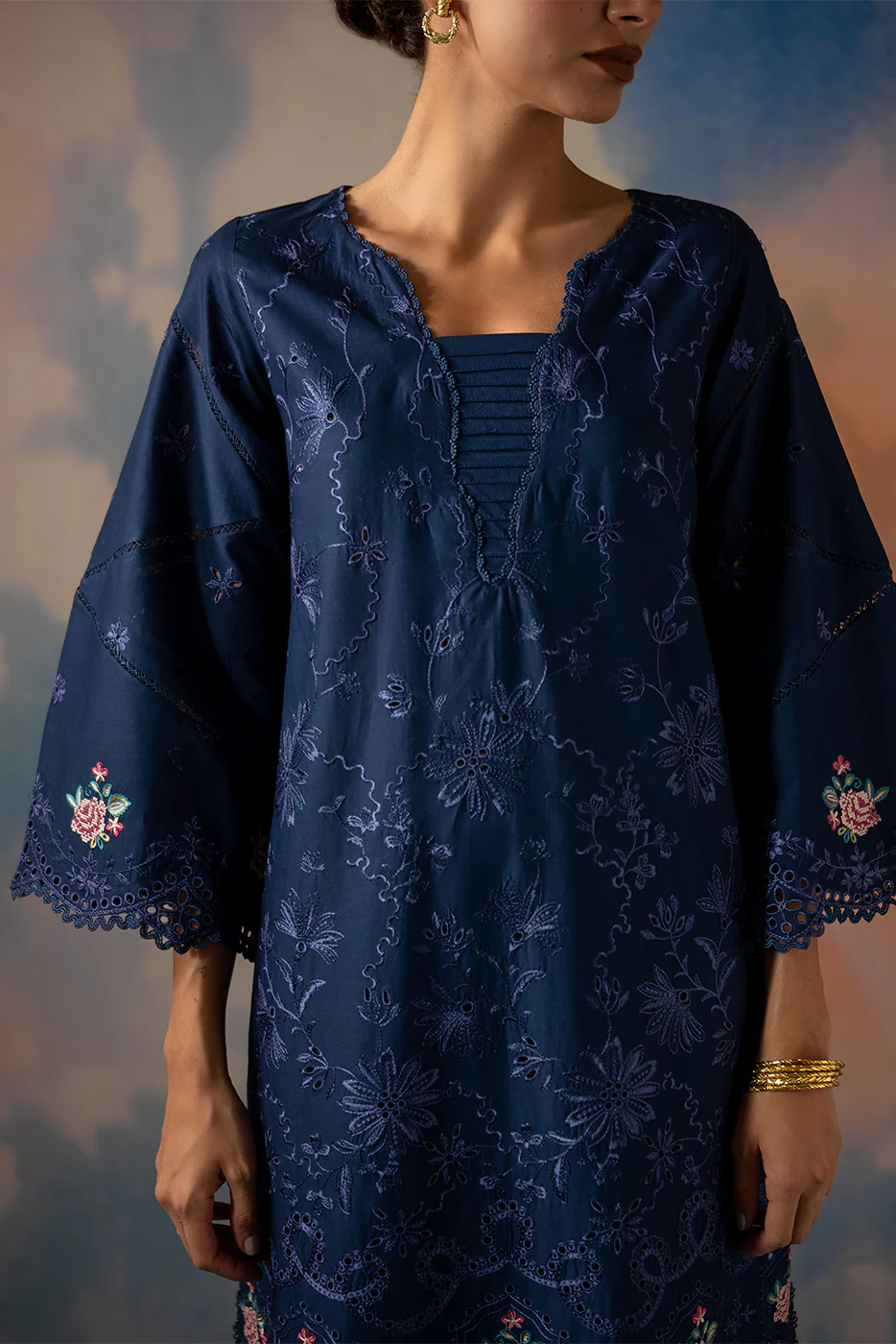 3 PIECE EMBROIDERED CHIKANKARI SUIT WITH BAMBER DUPATTA-COSMIC SAPPHIRE (UNSTITCHED) - Image 6