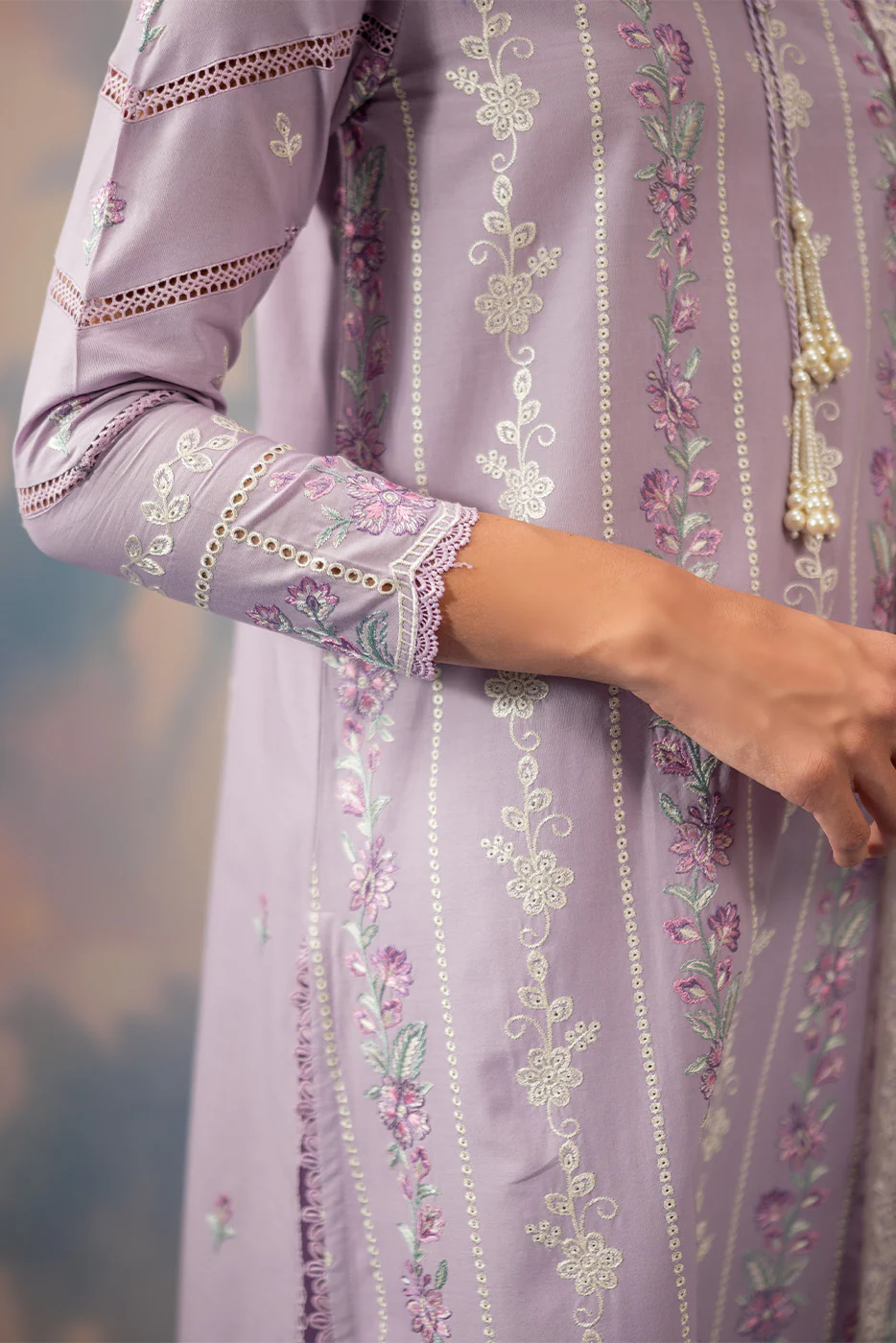 3 PIECE EMBROIDERED CHIKANKARI SUIT WITH BAMBER DUPATTA-LAVENDER LUXE (UNSTITCHED) - Image 5