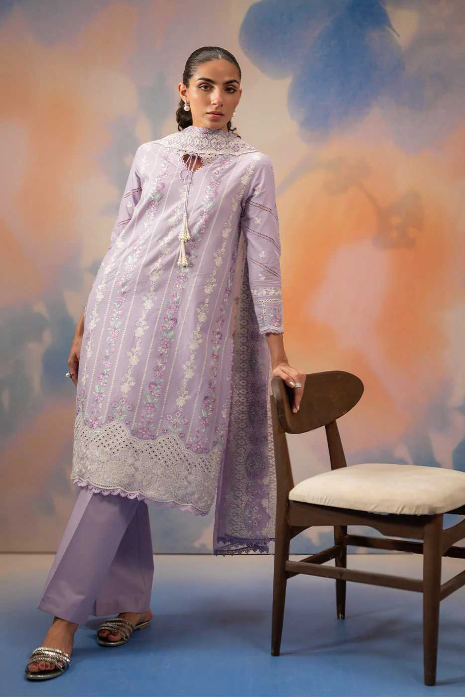 3 PIECE EMBROIDERED CHIKANKARI SUIT WITH BAMBER DUPATTA-LAVENDER LUXE (UNSTITCHED) - Image 8