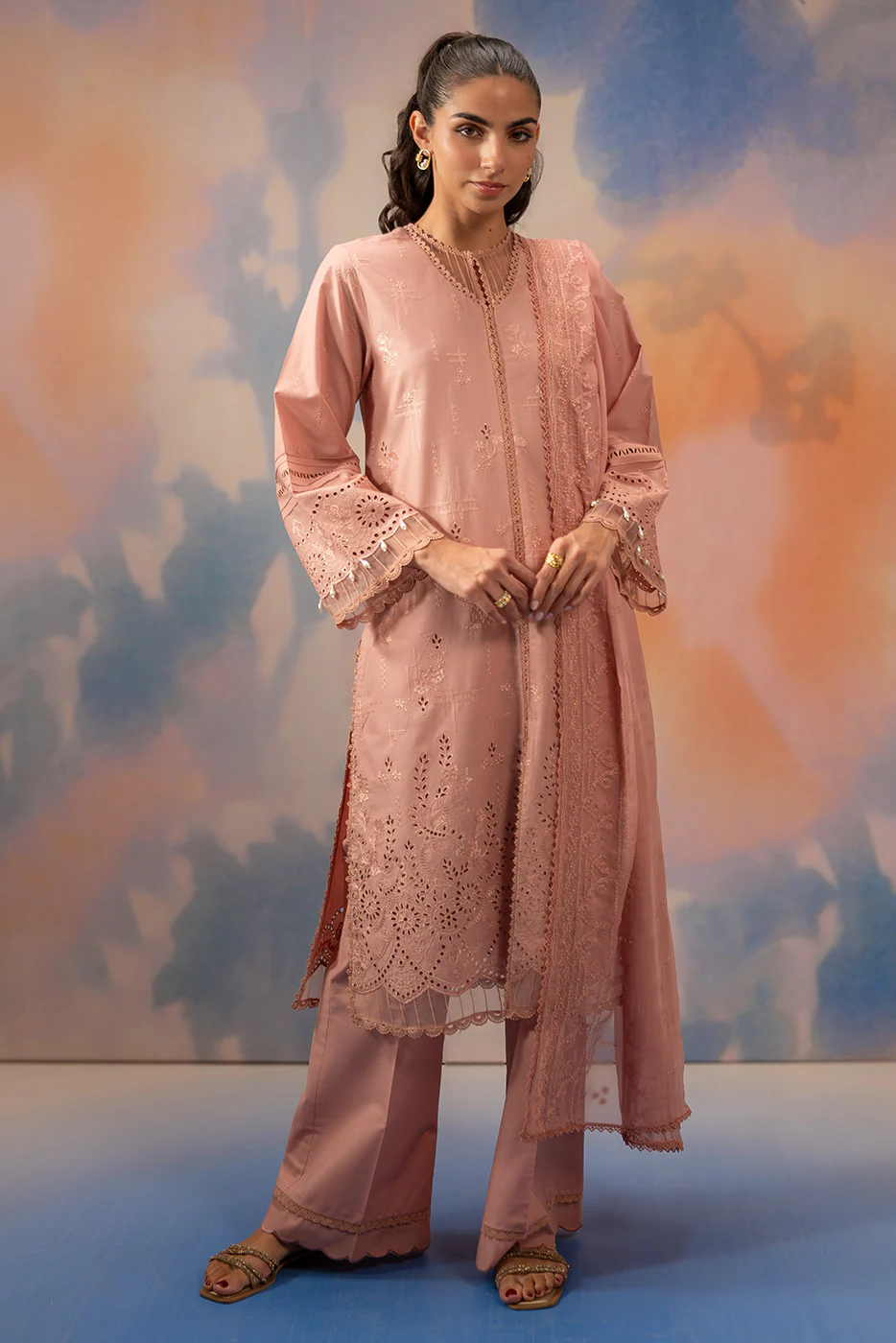 3 PIECE EMBROIDERED CHIKANKARI SUIT WITH BAMBER DUPATTA-BLUSH BLOOM (UNSTITCHED) - Image 2