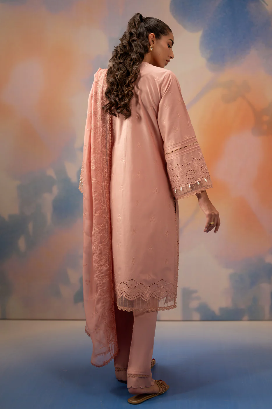 3 PIECE EMBROIDERED CHIKANKARI SUIT WITH BAMBER DUPATTA-BLUSH BLOOM (UNSTITCHED) - Image 3