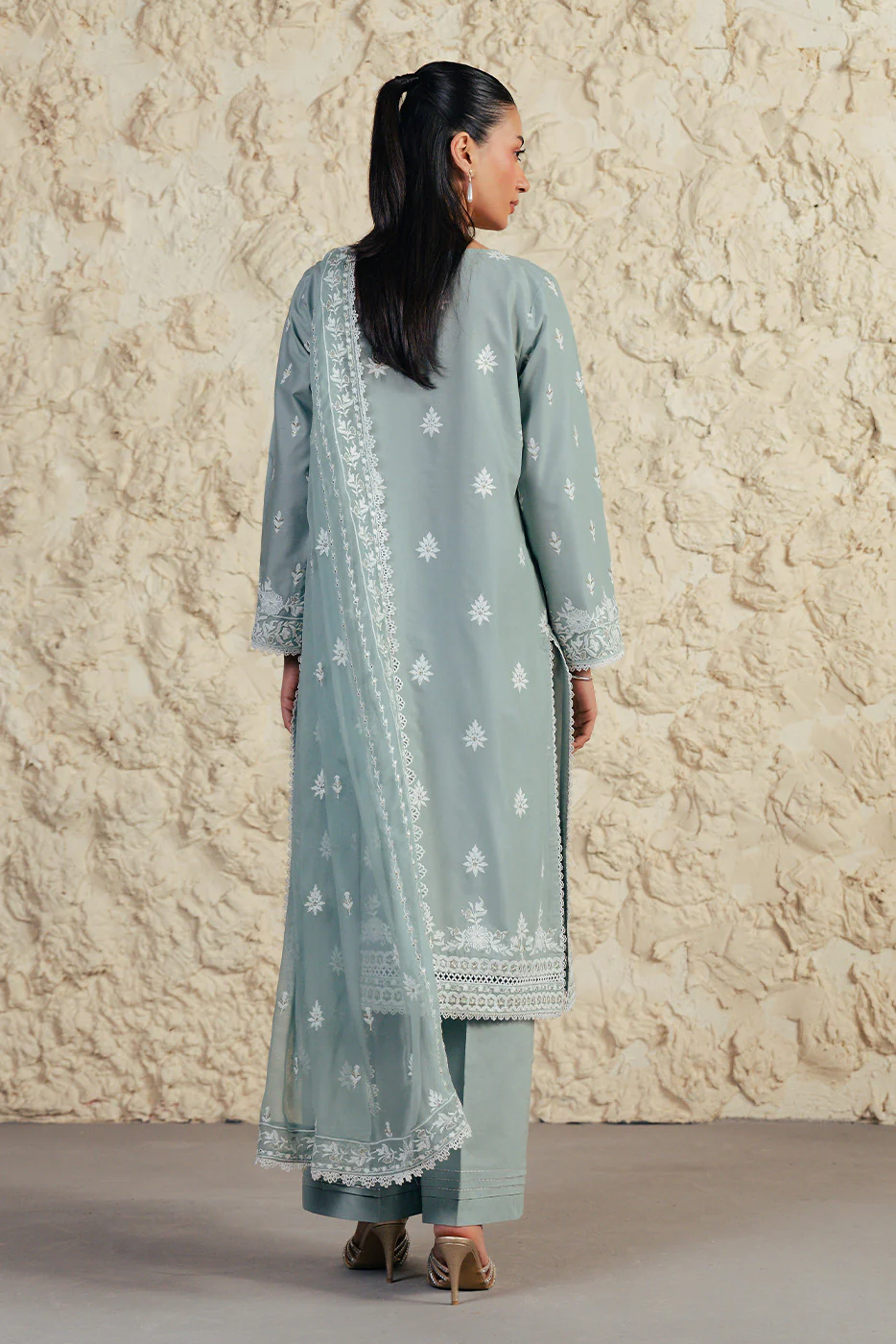 3 PIECE EMBROIDERED LAWN SUIT WITH BAMBER CHIFFON DUPATTA-MISTY JADE (UNSTITCHED) - Image 2