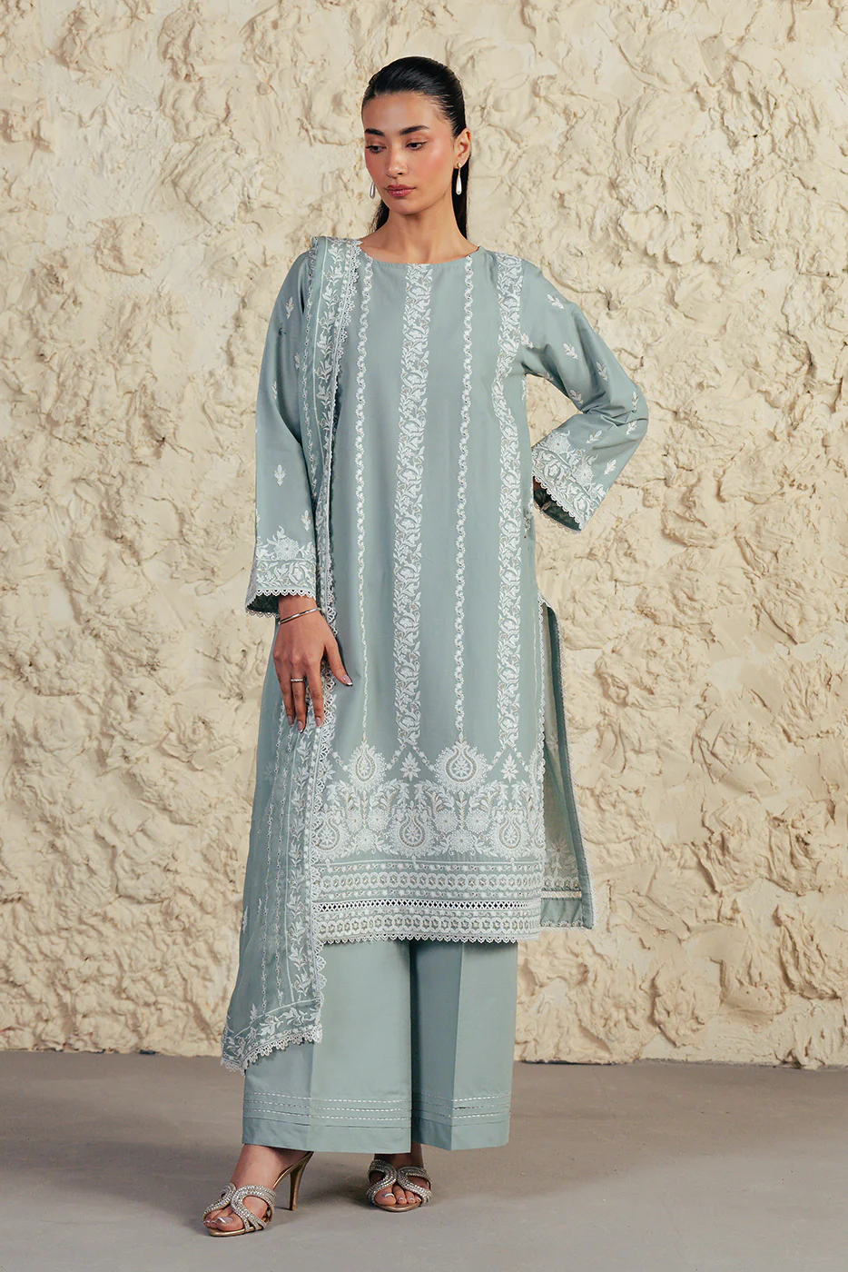 3 PIECE EMBROIDERED LAWN SUIT WITH BAMBER CHIFFON DUPATTA-MISTY JADE (UNSTITCHED) - Image 3