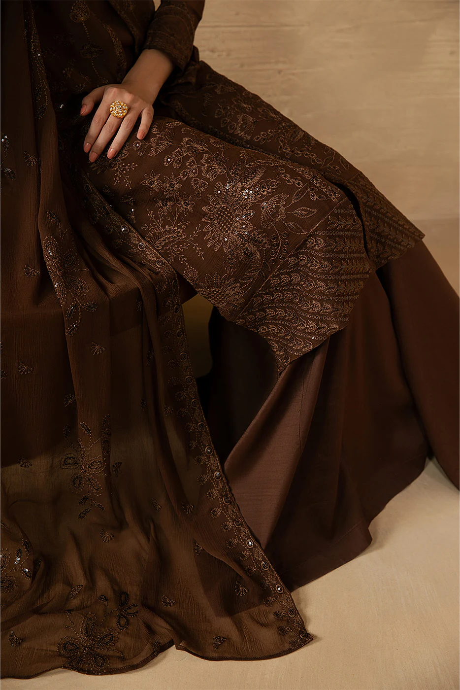4 PIECE EMBROIDERED CHIFFON SUIT-MOCHA CRÈME (LUXURY UNSTITCHED) - Image 4