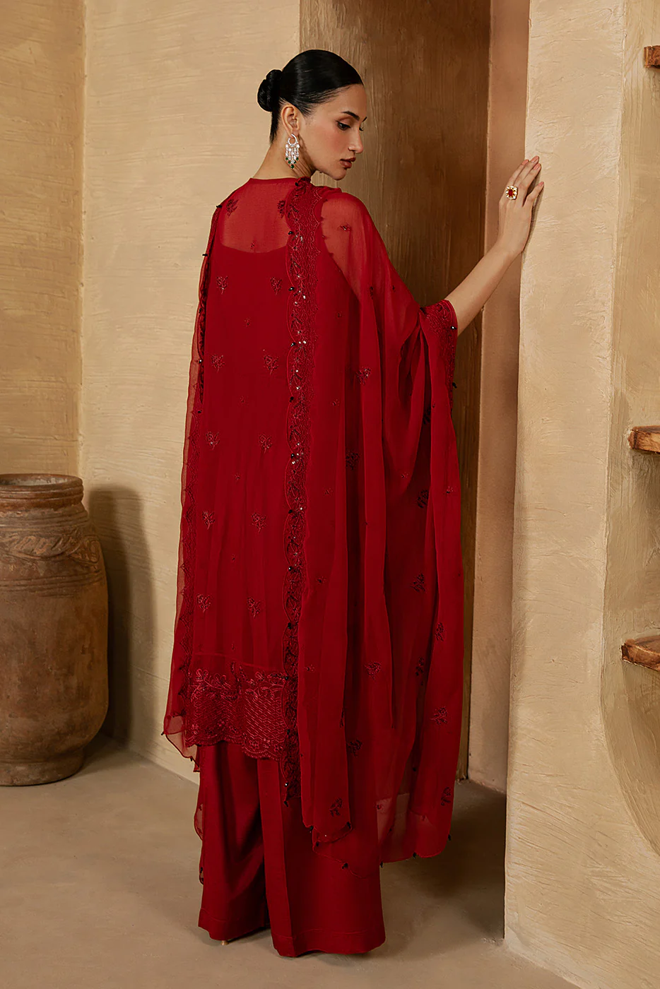4 PIECE EMBROIDERED CHIFFON SUIT-DEEP INFERNO (LUXURY UNSTITCHED) - Image 5