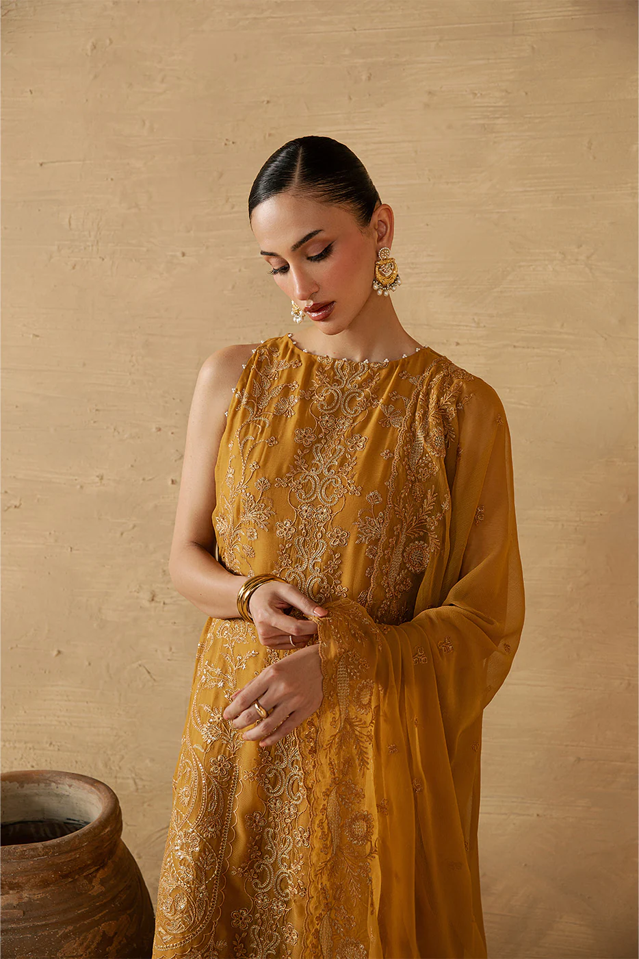 4 PIECE EMBROIDERED CHIFFON SUIT-GOLD SECRET (LUXURY UNSTITCHED) - Image 3
