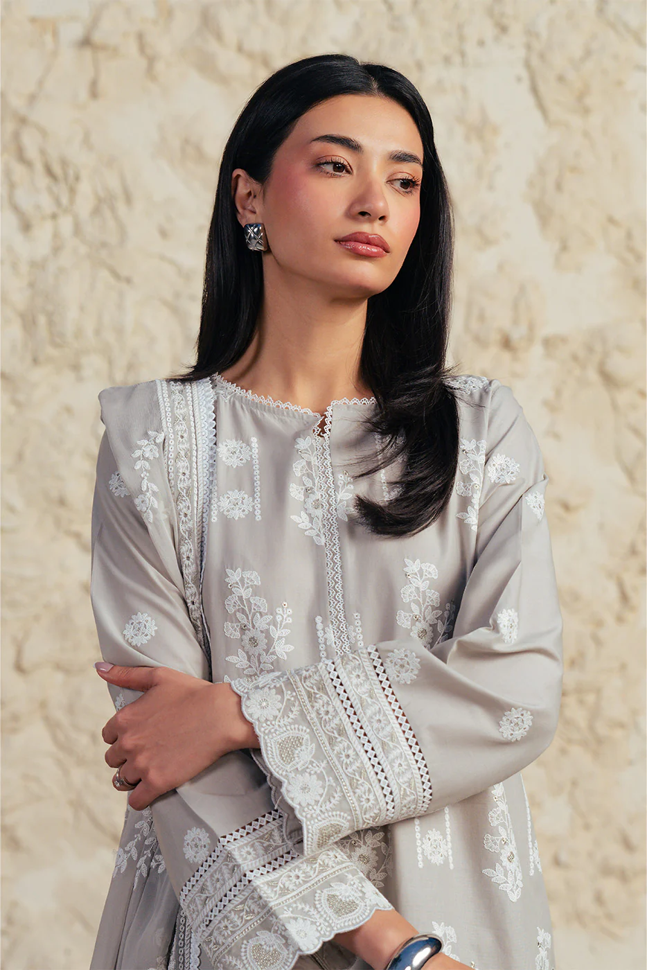 3 PIECE EMBROIDERED SUIT WITH BAMBER CHIFFON DUPATTA-GREY GRANITE (UNSTITCHED) - Image 5