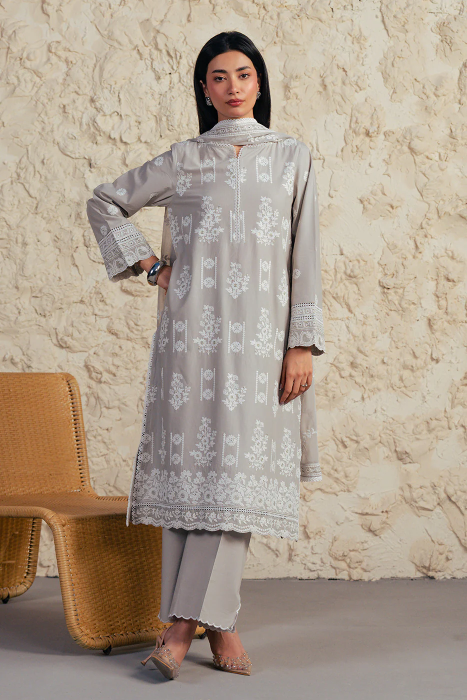 3 PIECE EMBROIDERED SUIT WITH BAMBER CHIFFON DUPATTA-GREY GRANITE (UNSTITCHED) - Image 8