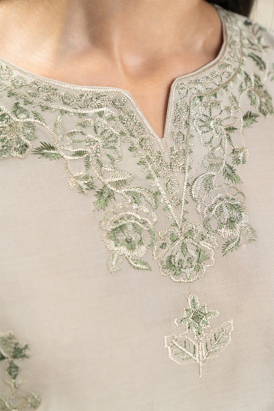 3 PIECE EMBROIDERED LAWN SUIT-OYSTER BUD (UNSTITCHED) - Image 5