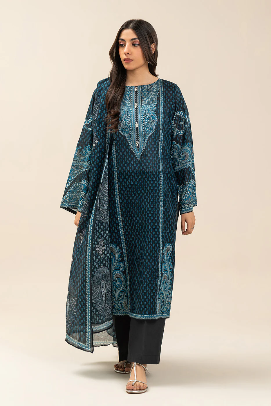 3 PIECE PRINTED LAWN SUIT-INDIGO HAZE (UNSTITCHED) - Image 2