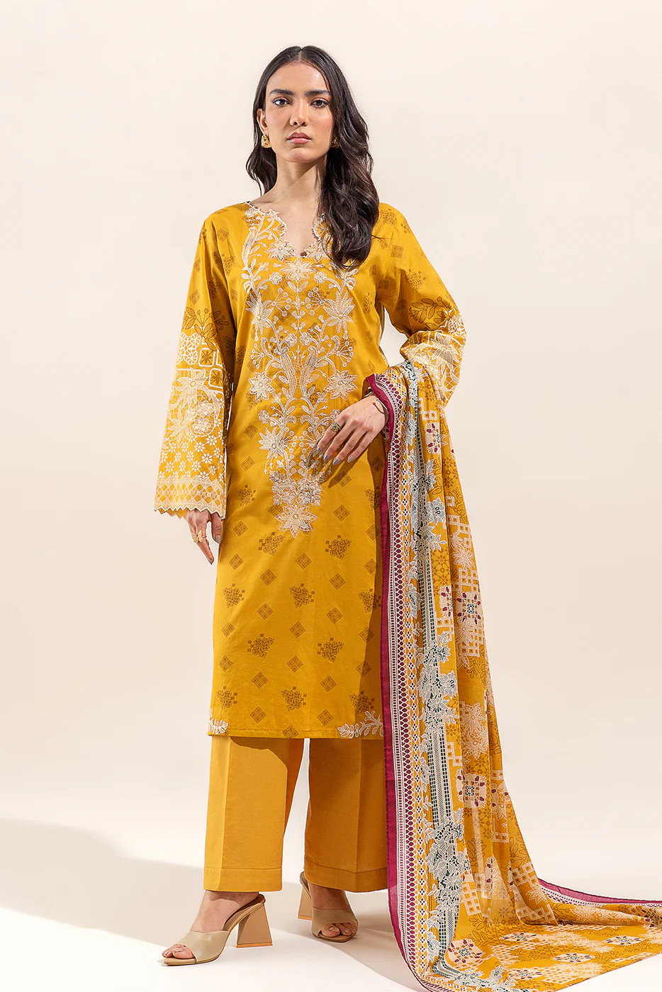 3 PIECE EMBROIDERED LAWN SUIT-GLEAMING GOLD (UNSTITCHED) - Image 6