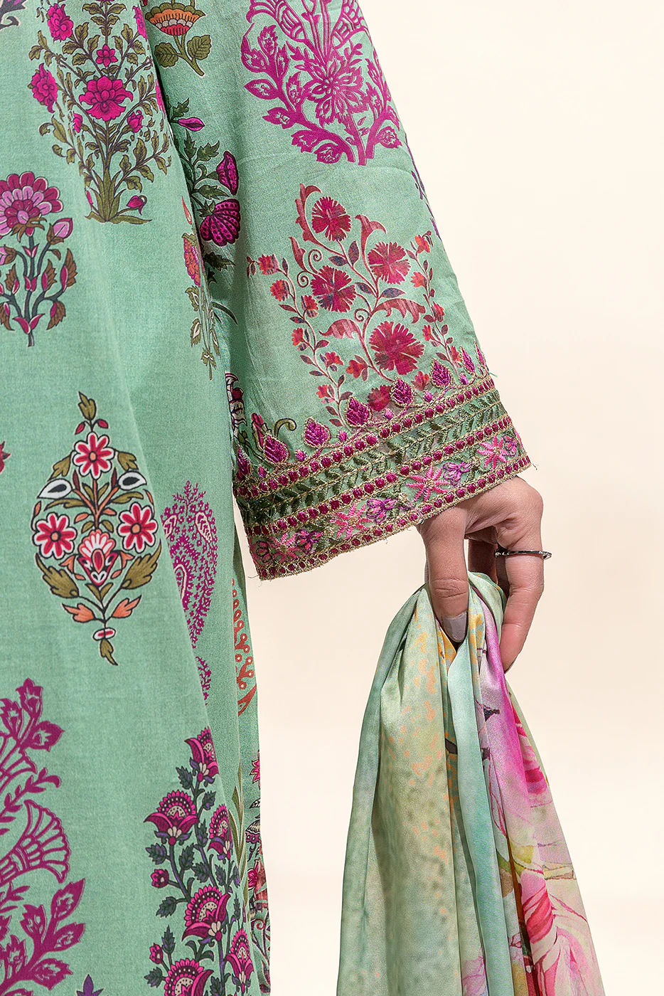 3 PIECE EMBROIDERED LAWN SUIT-DUSKY JADE (UNSTITCHED) - Image 3