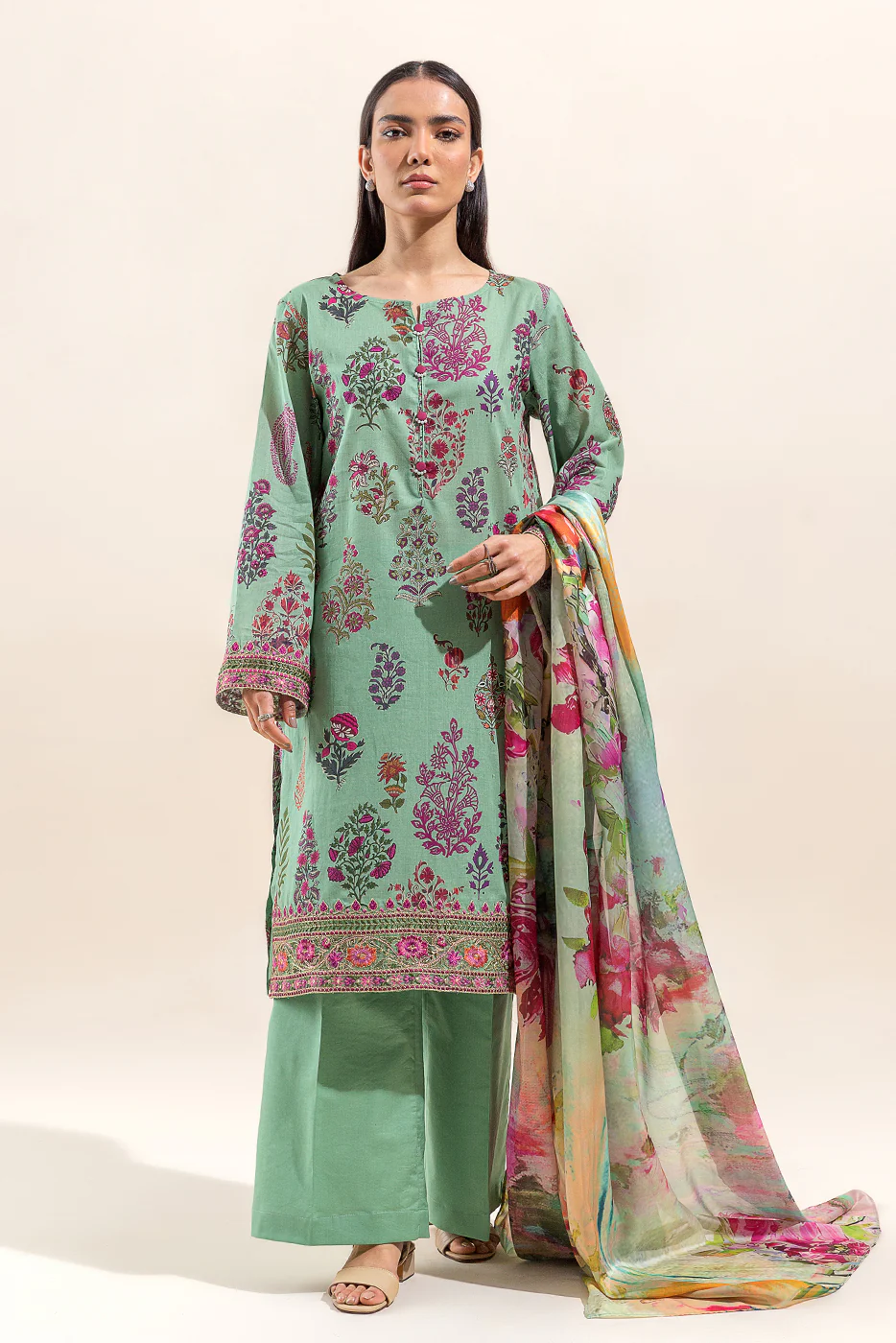 3 PIECE EMBROIDERED LAWN SUIT-DUSKY JADE (UNSTITCHED) - Image 6
