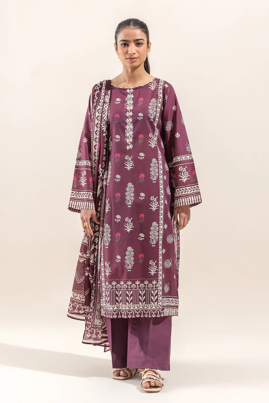 3 PIECE PRINTED LAWN SUIT-RED DAHLIA (UNSTITCHED) - Image 2