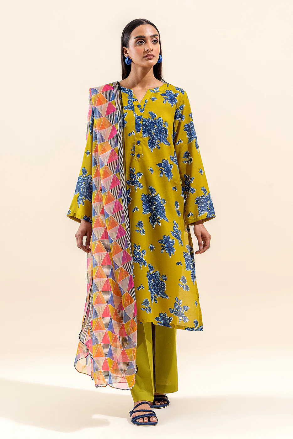 3 PIECE PRINTED LAWN SUIT-LIME AZURE (UNSTITCHED) - Image 2