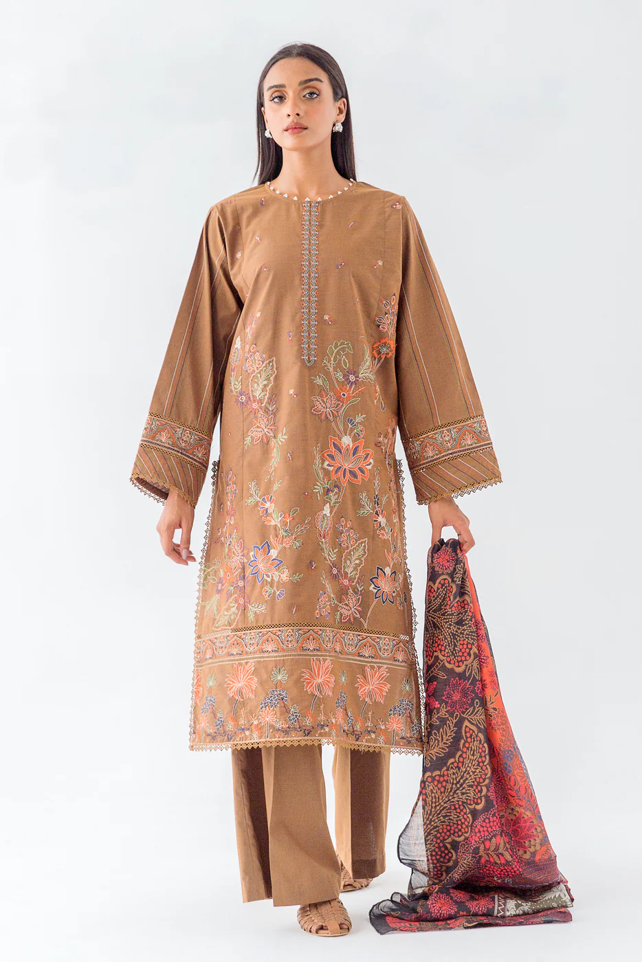 3 PIECE - EMBROIDERED TWO TONE SUIT - DELISH MOCHA (UNSTITCHED) - Image 2