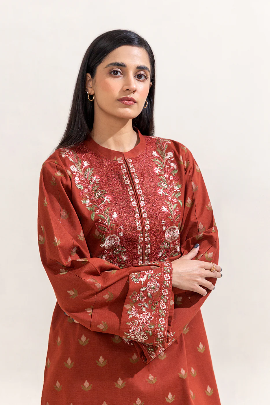 2 PIECE EMBROIDERED SELF JACQUARAD SUIT-GARLAND BRONZE (UNSTITCHED) - Image 2